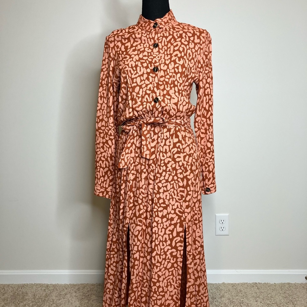 Orange Patterned Long Sleeve Belted Dress